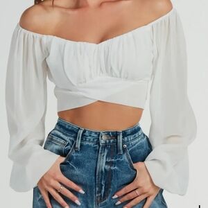 Windsor Chiffon Crop Top With Sheer Long Bishop Sleeves XS